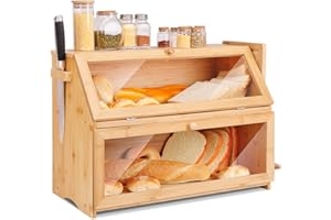 Leader Accessories Canasta de pan de 2 capas, caja de pan y pastel de bambú natural, caja de pan con tapa frontal abatible, 2 capas, 50 * 37 * 25 cm