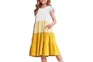 Arshiner Ragazze Abito Estivo con Maniche A Balze Abito per Il Tempo Libero in Cotone per Bambini con Scollo Rotondo Maniche Corte Swing Abiti da Festa per Bambine 4-14 Anni