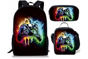 GENERIC Gaming Backpack for Boys, Waterproof Lightweight 3-Piece School Bag Set with Lunch Bag & Pencil Case, Large Capacity School Bag for Kids 6-14 Years, Perfect for Elementary (game006, Black)