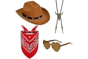 SSKHE Western Cowboy Fancy Dress Accessories Set - Brown Hat + Heart Glasses + Red Scarf + Bull Head Necklace | Unisex Cowboy Outfit for Halloween, Carnival & Cosplay Parties | Essential
