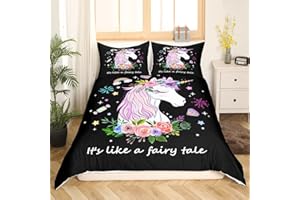 HOMEWISH Einhorn Bettbezug 135x200 Mädchen Prinzessin Schlafzimmer Dekor Kawaii Regenbogen Einhorn Bettwäsche Set Cartoon Funkelnde Sterne Bettbezug Süßes Liebes Herz Muster Rosa Bettbezug mit 1 Kissenbezug