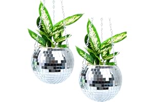 Diyiming 2 Pcs 6 '' Disco Ball Planter Plant Hanger w/ Hook & Wooden Stand for Desk,Hanging Disco Ball Planter w/ Chain Mirror Plant Holder Plant Pot Hanging Flower Pot Gardening Pots for Home Decor