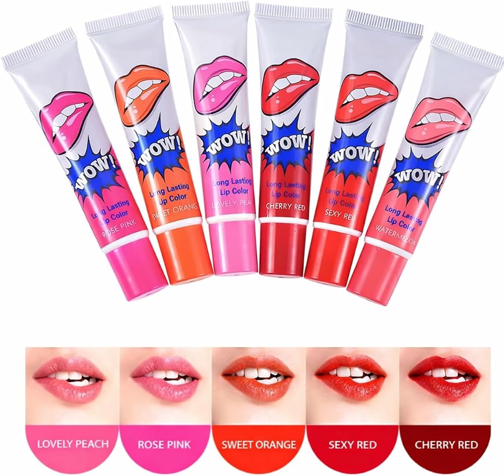 Soyulabilir Dudak Dövmeli Ruj Seti, Canlı Renk Veren Likit Tint, Uzun Süre Kalıcı, 6 Renk, Lovely Peach Rose Pink Sweet Orange Sexy Red Cherry Red