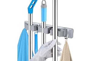 Vicloon Uchwyt na miotłę ścienny, Uchwyt na miotłę ścienną z 3 szczelinami i 4 haczykami, Uchwyt na miotłę uchwyt ścienny do kuchni, łazienki, garażu, ogrodu