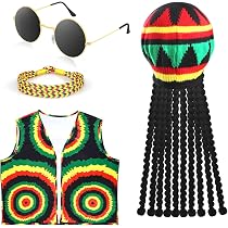 Chapeau Rasta Lunettes Bracelet Ensemble Déguisement Reggae 4 Pièces TUONYIS - Chapeau Dreadlocks, Lunettes Jaunes, Bracelet, Collier - Pour Fête & Cosplay Accessoires Halloween Reggae