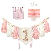 GlamRays 1st Birthday High Chair Banner Pink Party Decoration for Girls and Boys Baby Shower Children's Room (with 'One' Wood