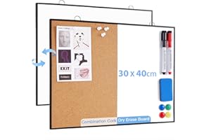 ARCOBIS Korktafel Whiteboard Kombination, 30X40cm Kleine Pinnwand für die Wand, Doppelseitiges Magnetisches Trockenabwisch-Korkboard, Vision-Whiteboard mit 2 Markern, 1 Radiergummi, 4 Pinnnadeln