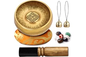 BORDEAG Cuenco tibetano – Cuenco tibetano – Juego de cuencos tibetanos con piedra de yoga de 7 colores, 2 campanas, cuencos tibetanos para relajación y meditación