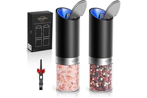 SANGCON-EP Sangcon Set macina pepe elettrico a gravità potenziato, Alimentato a batteria 4AAA con luce LED, Grande capacità con copertura antipolvere, Granulometria di Macinazione Regolabile（Nero）