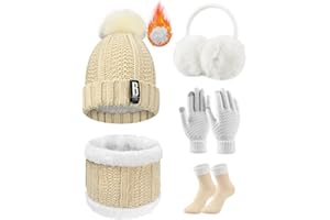 Tuopuda Ensemble Bonnet Écharpe de Doublure Polaire Gants 5 Pièces Tricotés Ensemble de Ski d’Hiver de Femmes Beanie Foulards Cache-Oreilles Chaussettes