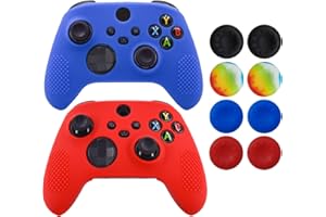 Skin for Xbox Series Controller,Hikfly Cover Compatible with Xbox Series X/S Controller Grips Case Non-Slip Studded Silicone Controller Cover x2 with 8pcs Thumb Grips Caps(Red,Blue)