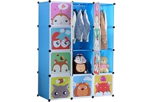 BRIAN & DANY Kinderregal Kinder Kleiderschrank Stufenregal Bücherregal mit Türen & 2 Aufhängern, tiefere Fächer als normal (45 cm vs. 35 cm), 110 x 47 x 147 cm Blau