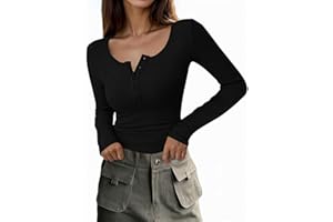 Cicy Bell Damen V Ausschnitt Langarm Oberteile T-Shirts Knopf Gerippte Strick Langarmshirt Slim Fit Basic Henley Tunika Shirts Herbst Winter Oberteile