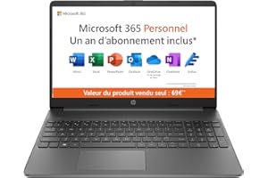 HP Laptop 15s-fq0002sf PC Portable 15.6" FHD (Intel Celeron, RAM 4 Go, SSD 128 Go, AZERTY, Windows 11 Famille en Mode S) Gris Ardoise, Microsoft 365 Personnel inclus pendant 1 an