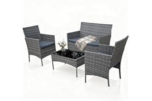 Holywarm Rattan Garden Furniture Set: 4-Piece Outdoor Patio Furniture Set with Table and Chairs, Garden Conversation Bistro Sofa Set for Yard, Pool, or Backyard (Mixed Grey + Dark Grey Cushions)