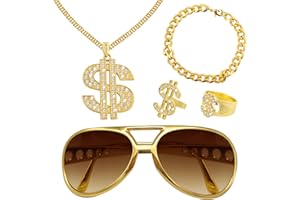 OPEIXSAYKOC 5 pcs Kit de Costume Hip Hop,Chaînes de dollar,Hip Hop Homme Femme Chaîne Plaqué Or,Lunettes de Soleil Bague Chaîne de Dollar d'or, Accessoires de Rappeur des Années 80/90 Convient