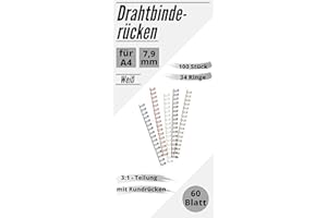 MK MARC KINDERMANN PREMIUM Drahtbinderücken, 100 Stück, DIN A4, weiß, 34 Ringe, 3:1 Teilung (7,9 mm, 60 Blatt)