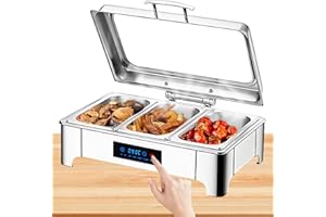 BOVDC Chafing Dish Elektrisch 9L, Edelstahl Elektrische Warmhaltebehälter Einstellbare Temperatur, Rechteckiger Chafing Dish Set Speisenwärmer mit Sichtbarem Glasdeckel (B, 1/3 Pan)