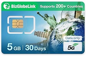 EIOTCLUB Prepaid SIM for Travel, BizGlobeLink SIM Card International 5GB 30 Days Use in 200 Countries, Data Only, 5G/4G LTE, No Contract, Refillable, for Mobile Phones, WiFi Routers & Tablets