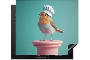 KitchenYeah© Copertura Tappetino Piano Induzione 60x52 cm Cucina Coprifornelli Protezione per Piano Induzione Pettirosso - Uccello - Cappello da Cuocu - Piedistallo