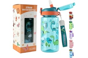 MHwan Botella Agua Niños, 600 Ml, Robusta, a Prueba de Fugas, Sin BPA, con Apertura de un Solo Toque, Fácil de Limpiar, con Pajita, Ideal para La Colegio y el Exterior