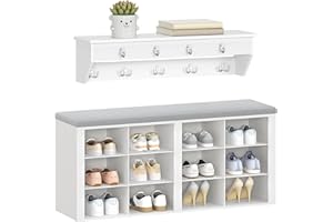 Hzuaneri Shoe Storage with Seat and Coat Hooks, Shoe Bench with 12 Open Compartments and Wall Rack, Coat Rack with 9 Hooks, Adjustable Shelves for Hallway, Living Room, Bedroom, White, HT24903GY