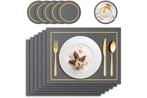Mivcinn Placemats and Coasters Set of 6, Heat Insulation PU Leather Dark Grey Table Mats, Kitchen Dining Washable Waterproof Place Mats for Home Restaurant Hotel, 41x31cm