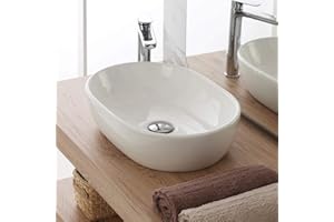 Inbagno Lavabo d' Appoggio Ovale in Ceramica, 47,5 x 34 x h.13,5, Finitura Bianco Lucido