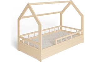 MS FACTORY Lit Enfant Bébé avec Un Matelas Maison 80x160 cm - Lit en Massif Cabane avec Protection Anti-retombée, Barrière Sécurité - Style Scandinave Montessori - Bois Demi-barrières