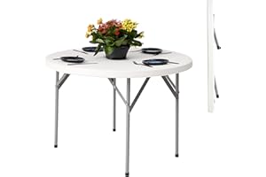 NOVECRAFTO Round Folding Table with Parasol Hole 110cm (43.3”) – Heavy-Duty White Garden & Dining Table, One-Piece Plastic Top, Portable Foldable Trestle Design for Indoor/Outdoor Use, BBQs, Parties