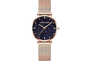 RORIOS Moda Mujer Relojes de Pulsera Estrellada Dial Acero Inoxidable Relojes de Mujer Reloj de Dama