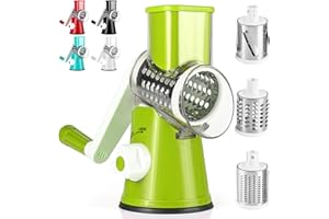 Dreamhigh® Cheese Grater with Crank, Vegetable Cutter with 3 Stainless Steel Drum Blades, Manual Rotary Grater, Vegetable Slicer, Strong Suction, for Cheese, Potato, Carrots etc (Green)