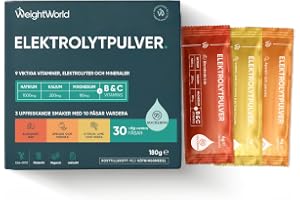 Elektrolytpulver (Sockerfritt)– 1280 mg elektrolyter per portionspåse | 6 vitaminer & 3 mineraler: vitamin C, B1, B3, B5, B9, B12, magnesium, kalium & natrium. Finns i 3 smaker & 30 portionspåsar.