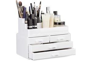 ‎RELAXDAYS Relaxdays Make Up Organizer mit 4 Schubladen, Kosmetik Halter f. Nagellack u. Lippenstift, Make Up Kit aus Acryl, weiß, 14 x 23.5 x 19 cm