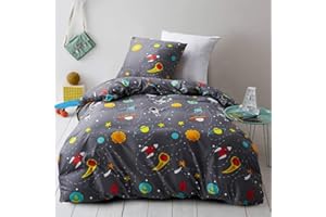 ‎OMELA Omela Bettwäsche Weltraum 135x200 Jungen Kinder Planeten Sterne Rakete Motiv Grau Kinderbettwäsche Set, 2 Stücke, Kuschelig Microfaser Bettbezug und Kissenbezug 80x80 cm Reißverschluss