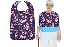 VEGCOO Adult Bibs for Elderly Women Men, Waterproof Dinning Bibs Reusable Adult Bib with Crumb Catcher, Washable Bib Mealtime Clothing Protectors for Elderly, Adult and Disabled