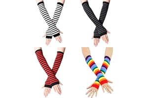 JTMKYO Lot de 4 gants longs rayés pour femme, avec manches à doigts, gants thermiques tricotés, sans doigts, gants à la mode, adaptés pour porter au chaud en automne et en hiver, Coton, taille unique