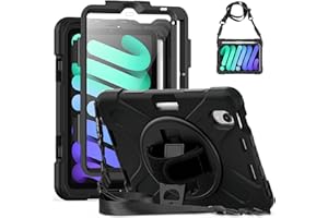 Gerutek Coque Antichoc pour iPad Mini 7ème (A17 Pro) 2024 / Mini 6ème 2021 8,3 Pouces, Étui Armure Robuste avec Protection d'écran, Support Rotatif, Dragonne et Bandoulièr Réglable, Porte-Stylet, Noir