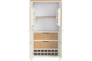 RoselandFurniture Farrow Cream Kitchen Larder Cabinet Unit | Tall Painted 2 Door Free Standing Wooden Storage Pantry Cupboard with Oak Top & Wine Rack | Ideal for Kitchen, Living Room and Dining Room