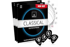 MORIATY® Struny gitarowe do gitary koncertowej, struny do gitary klasycznej z nylonu i srebra, gitara akustyczna (zestaw 7 strun) | W zestawie: 12 kostek + ekstra wysoka struna E (zestaw 3 szt.)