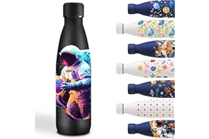 GRSTA Gourde, 500ml Gourde Isotherme, Bouteille d'eau Sans BPA, avec Astronaute, Gourd Enfant Garde au Froid Pendant 24 Heures/Chaud Pendant 12 Heures, pour l'École, Bureau, Noir