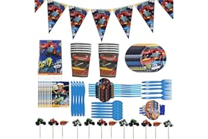 simyron - Set di Accessori per Feste di Monster Truck Blaze e Le Macchine Decorazione di Forniture per Ragazzi Banner Tovaglia Piatti Tazze Tovaglioli Cupcake Toppers