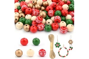FADCAER 200 perlas de Navidad de madera, 16 mm, cuentas de madera de colores con cuerda de cáñamo de 10 m, color rojo, dorado, verde, natural, para manualidades, decoración de árbol de Navidad, guirnaldas de