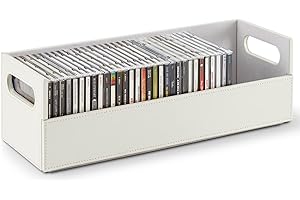 Stock Your Home CD Storage Box, Organizer Shelf for Movie Cases, DVDs, Cassette Tape Display Stand, Disc Holder Can Store Up to 40 CDs, Faux Leather (White)