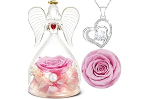 ‎YAMONIC Yamonic Ewige Rose mit Halskette,Geschenke für Frauen,Echte Rose in Engel Glaskuppel, Geschenke für Valentinstag,Ewige Blume mit LED-Lichter,Geschenk Freundin,Mama Geschenk, Rosa