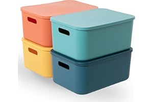 HapiLeap Storage Boxes With Lids, Stackable Plastic Storage Baskets for Shelves Kitchen Bathroom Playroom Classroom Office Nursery (Medium (4 PCS))
