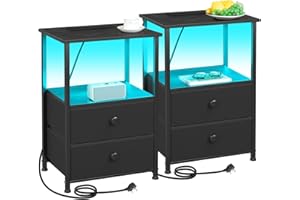 AMHANCIBLE Bedside Table Set of 2 with Charging Station, Small Side Table with LED Light, Nightstand with 2 Fabric Drawers and Open Storage Shelf, Bedside Cabinets for Living Room, Black HETS02BK