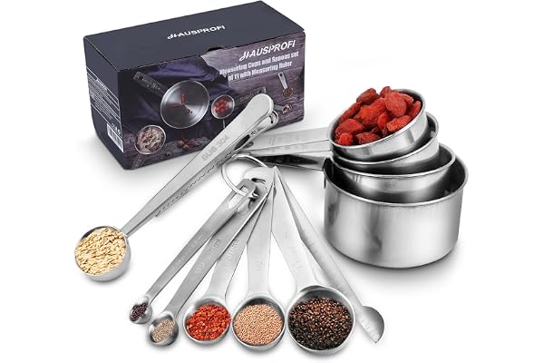 HAUSPROFI Lot de 13 tasses et cuillères à mesurer en acier inoxydable de qualité supérieure avec règle et pince pour la cuisson, liquide et solide