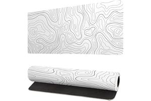 OMOSRI Tapis de souris de jeu blanc avec contour topographique XL, lignes de carte géographique, grand sous-main étendu, base en caoutchouc antidérapant et bords cousus pour clavier pour bureau et maison, 80