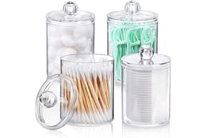 AOZITA Paquete de 4 almohadillas de algodón, dispensador de bastoncillos de algodón para bolas de algodón, hisopos, almohadillas redondas, hilo dental, juego de tarros de boticario de plástico